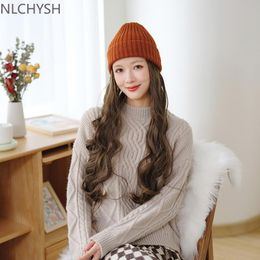 Berets Red Wig Hat Long Curly Hair Autumn And Winter Go Through Woollen Cap Women Fashion Water Ripple
