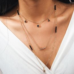 Fashion Star Pendant Necklace Black Beads Multilayer Rhinestone Women Chokers Necklace Gold Chain Vintage Jewelry Girlfriend Gift