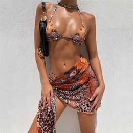 Sexy Leopard Bikini With Skirt Halter Swimwear 3 Piece Sets Women's Swimsuit Mesh Bathing Suit Bikinis Beachwear 210630