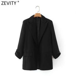 Zevity Women Fashion Notched Collar Fitting Blazer Coat Office Roll Up Sleeve Pockets Female Chic Open Stitching Tops SW712 210603