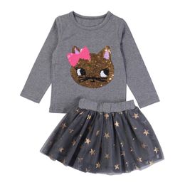 Girls Clothes Children Clothing Cartoon Long Sleeve+Stars Skirt 2Pc Sets Suit Baby Princess Suits 210528