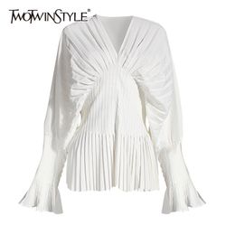 TWOTWINSTYLE Causal Blouses For Female V Neck Flare Long Sleeve High Wiast Pleated Women Shirts Clothes Fashion Summer Tide 210225