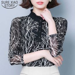 Korean Sexy Half-height Collar Women Bottoming Shirts Autumn Long Sleeve Slim Women Blouses Mesh Print Female 7492 50 210527