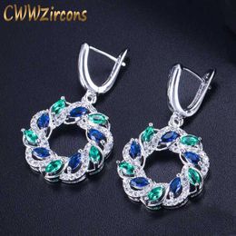 silver crystal hoop earrings UK - Silver Color Green Blue Cubic Zirconia Crystal Long Dangling Round Big Hoop Earrings for Women Jewelry CZ402 210714