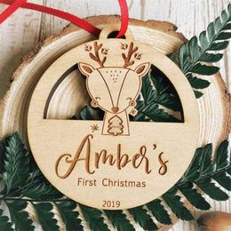 wooden xmas tree decorations Canada - Baby's First Christmas Custom Name Ornament Bauble Engraved Wooden Xmas Tree Decorations Hanging House Gift Home Decor 211104