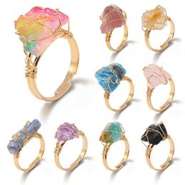 Wire Wrap Raw Healing Natural Stone Crystal Rings Gold Adjustable Amethyst Pink Quartz Women Ring Party Wedding Jewellery