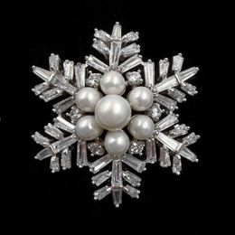 Winter Holiday Jewelry Buaguette Cut CZ Cluster Mother of Pearls Snowflake Brooch Snow Flower Pin or Women Coat Dressy Clothes