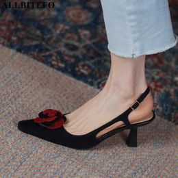 ALLBITEFO flower design sheepskin suede genuine leather women sandals fashion sexy Expose the heel high heel shoes high heels 210611