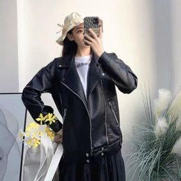 PU Faux Leather Zipper Motorcycle Jackets Oversize Black Boyfriend Tops Loose Streetwear Spring Fall Fashion Rivet Overcoats