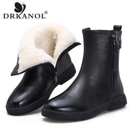 DRKANOL Winter Snow Boot Warm Wool Fur Shoes Fashion Genuine Leather Flat Non-slip Waterproof Mid Calf 211105