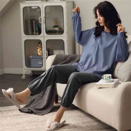 Home Wear Long Sleeve Autumn Winter Pyjamas Set Solid 100% Cotton Sleepwear Lounge Indoor Clothing Plus Size 210809