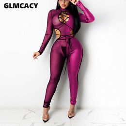 Women Sexy Mesh PU Patchwork Jumpsuits Lace Up Cut Out Party Club Outfits Overalls 210702