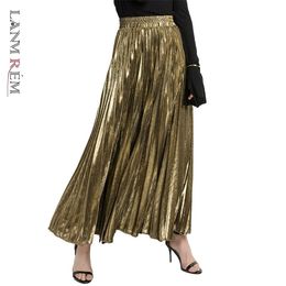 LANMREM new autumn fashion women clothes high waist A-line pleated sliver vintage elastic long halfbody skirt WH28501XL 210310