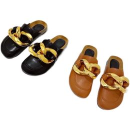 High Quality Slippers Flat Heel Casual Slides Flip Flop Summer Design Women Slipper Fashion Big Gold Chain Sandals Shoes Round Toe Slip On Mules