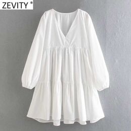 Zevity Women Sweet V Neck Solid Colour Poplin Casual Straight Dress Chic Femme Lantern Sleeve Pleats Vestido Beach Cloth DS4961 210603