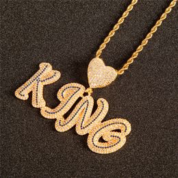 Europe and America New Fashion Gold Plated Bling CZ Heart Custom Name Letters Pendant Necklace with 3mm 24inch Rope Chain for Men Women Nice Gift