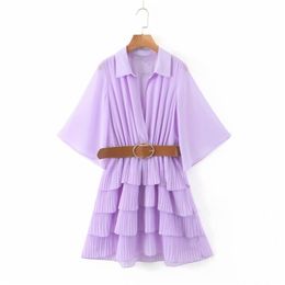 women fashion turn down collar solid cascading ruffles mini dress chic female chiffon pleats vestidos casual dresses DS3677 210316