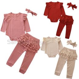 Baby Girl Romper Set Solid Girls Ruffle Tops Pants Headband 3PCS Sets Toddler Girl Designer Clothes Set Boutique Baby Clothing AT4663