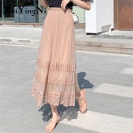 Beiyingni Summer Lace Patchwork Casual High Waist Midi Tulle Skirt Woman Vintage Charming Long Tutu Skirt Ladies White Pink 210310