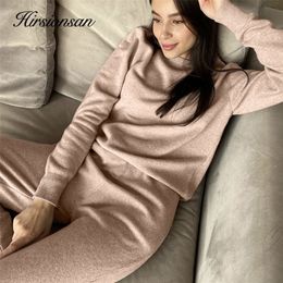 Hirsionsan Basic Two Piece Knitted Loose Pants and O Neck Sweater Women Autumn Winter Warm Sets Female Tracksuits Pullovers 220315