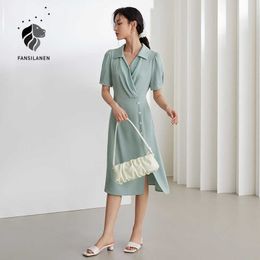 FANSILANEN Office Lady French V-neck Puff Sleeve High Waist Dress Women Summer Blue Long Skirt Dresses For 210607