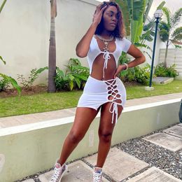 Woman Two Piece Set Solid Color V-Neck Hollow Set Tie Up Crop Top Mini Skirts Sexy Outfits 2021 Clubwear Beach DrSuits X0709