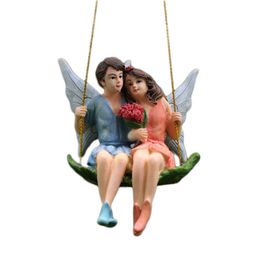 Creative Couple Figurines Swing Flower Fairy Garden Micro Landscape Pendant Resin Craft Romantic Scene Decoration Gifts C0220