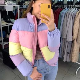 Women's Fresh Rainbow Contrast Short Bread Parkas Winter Zipper Pockets Jacket Women Parka Casual Patchwork Fuffy Female 211216