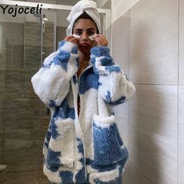 Yojoceli Elegant tie dye lamb fur coats jacket women Autumn winter warm oversize Casual cool pockets outerwear 210609