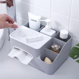 Multifunction Plastic Tissue Box Desk Organizer Makeup Cosmetic Storage Sundries Container for Home 210818