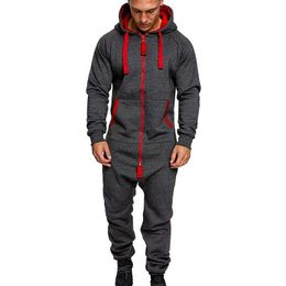 Men's Tracksuits 2021 Mens Pure Colour Splicing Jumpsuit Men One-piece Garment Pyjama Playsuit Zipper Hoodie Male Onesie Jumpsuits Overalls H