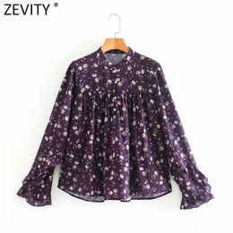 Zevity Women Vintage O Neck Floral Print Purple Colour Smock Blouse Female Retro Butterfly Sleeve Shirts Chic Blusas Tops LS7527 210603