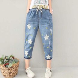 Japanese Mori Girl Sweet Flower Embroidery Demin Pants Women Vintage Elastic Waist Hole Female Vestido Calf-Length Jeans U208 Q0801