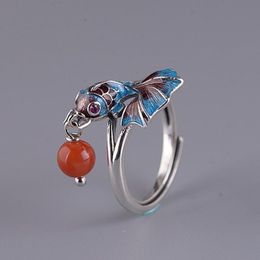 Cluster Rings 925 Silver Chinese National Style Enamel Colour Koi Small Fish Retro Elegant Charm South Red Bead Tassel Women Adjustable Ring