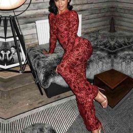 Swtao Women Sexy Long Sleeve Lace White Red Bandage Jumpsuit Bodycon High Street Celebrity Boot Cut Party Rompers 210527