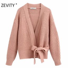 ZEVITY women fashion cross v neck solid Colour casual knitting cardigan coat female bow tied kimono coats chic tops CT581 210603