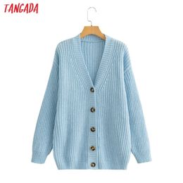 Tangada Women Blue Oversized Long Cardigan Vintage Jumper Lady Coat BC72 210914