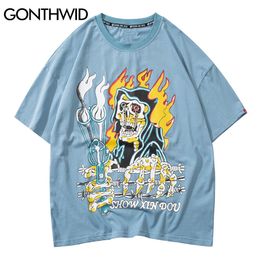 GONTHWID Hip Hop Tshirts Streetwear Fire Flame Skull Punk Rock Gothic Tees Shirts Men Harajuku Hipster Short Sleeve Cotton Tops C0315