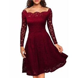 Women's Vintage Floral Lace Long Sleeve Boat Neck Cocktail Party Swing Dress Plus Size XXXL 4XL 5XL Skater Party Dresses R80500 Y0118