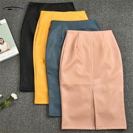 Summer Midi Skirt Women Plus Size Solid Split Skirts Korean PU Leather Skirts Women High Waist Straight Midi Skirts 10091 210310
