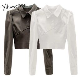 Yitimuceng Fake 2 Pieces Blouse Women Button Shirts Long Sleeve Turn-down Collar Slim Spring Summer Korean Fashion Tops 210601