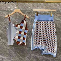 Spring Summer Chic Irregular wave pattern Colour matching Chequered Knitted Camisole and Half Skirt Two piece set Women 210730