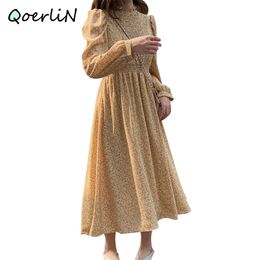 Autumn Korean Women's Long Sleeve Turtleneck Floral High Waist Chiffon Dress Vintage Printed Flower Vestidos Plus Size 210601