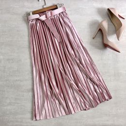 Women Winter Belt Pleated Skirts Velvet Metallic Color Shiny Midi Skirts Sashes Office Lady High Waist Mid Calf Long Skirts 210309