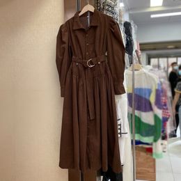 Autumn New Korean Style Retro College Style Thick Shirt Dress Corduroy Single-Breasted Loose Bubble Long Sleeve Dress for Women