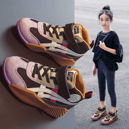 2021 Winter Children Artificial Leather Boy Girl High Top Sneakers Striped Patchwork Kids Basketball Shoes Leisure Toddler Shoes G1025