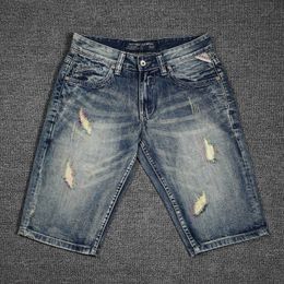 Italian Style Fashion Men Jeans High Quality Retro Blue Destroyed Ripped Denim Shorts Summer Streetwear Designer Short PTFQ