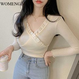 WOMENGAGA Korea V-neck Slim Long Sleeve Lace Ruffles T-shirt Autumn Base Thin Lady Tops Girl Female Simple D83J 210603