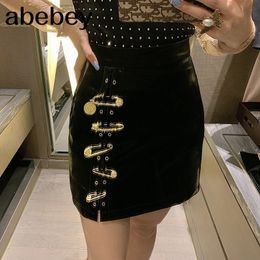 Patchwork Pins Asymmetrical Women's Skirts High Waist PU Leather Casual Mini Skirt For Female Fashion Clothing 210309