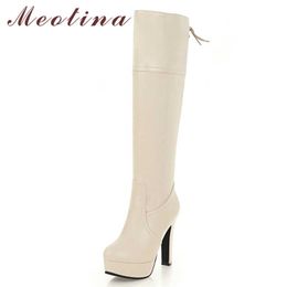 Meotina Women Boots Winter Knee High Boots Lace Up Platform Thick Heel Long Boots Extreme High Heel Shoes Ladies Fall Size 33-45 210608